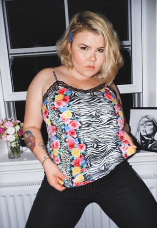 CAMI TOP SLIP TOP ZEBRA PRINT FLOWERS BLACK LACE TROPICAL