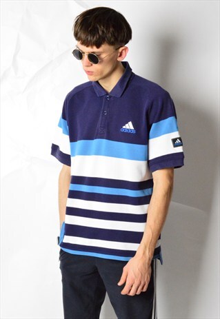 VINTAGE 90S BLUE WHITE STRIPED ADIDAS POLO T-SHIRT