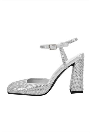 Rhinestone Square Toe Chunky Heel Ankle Strap Pumps