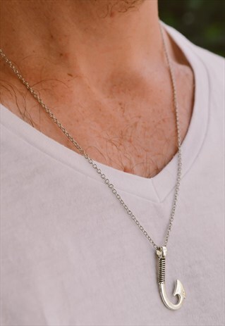 HOOK NECKLACE FOR MEN,SILVER FISH HOOK, LINK CHAIN, NAUTICAL