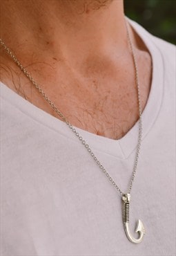 Hook necklace for men,silver fish hook, link chain, nautical