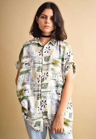 VINTAGE 90'S RETRO ABSTRACT PRINT OVERSIZED SHIRT BLOUSE TOP