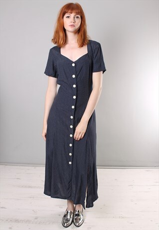 VINTAGE 80S SPOTTY TIE BACK BUTTON MAXI DRESS