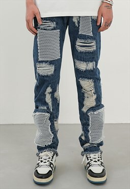 Blue Washed Distressed Denim jeans pants trousers
