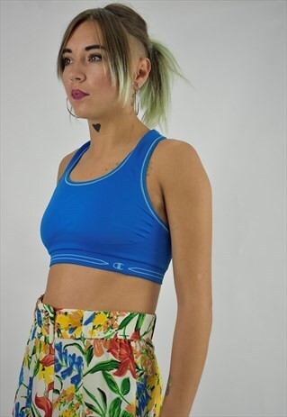 VINTAGE 90S CHAMPION CROPPED SPORTS TOP IN BRIGHT BLUE LRG
