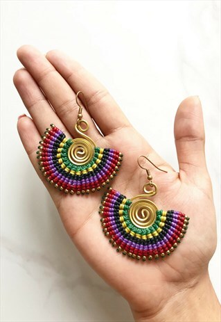 HANDMADE MACRAME BRASS EARRINGS IN SHADED MULTICOLOUR DESIGN