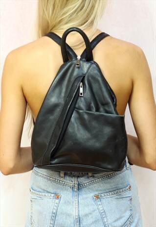 1990S VINTAGE JET BLACK REAL SOFT REAL LEATHER BACKPACK
