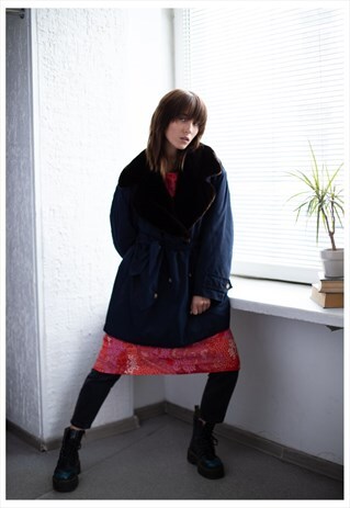 VINTAGE 70'S NAVY FAUX FUR COLLAR DOUBLE BREASTED COAT