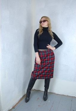 Vintage 90's check retro midi collage skirts in grey red