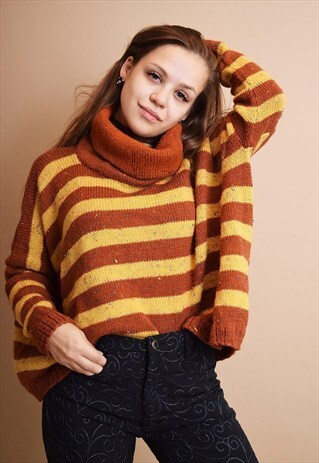 90'S RETRO COZY STRIPED ROLL-NECK KNITTED JUMPER TOP