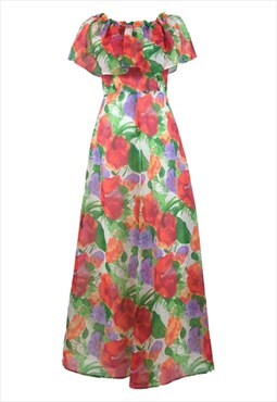 Vintage Maxi Dress 70s Mod Hippie Floral Ruffle with Capelet