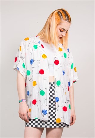 90'S RETRO WHITE ABSTRACT CIRCLE PATTERN SHIRT