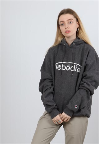 VINTAGE CHAMPION MEDIUM GREY SPORTS PRINT HOODIE