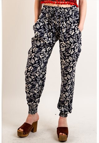 MULTI FLORAL PRINT LOOSE FIT COTTON TROUSERS IN BLUE