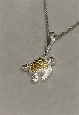 Turtle Gold and Silver Pendant on Sterling Silver Curb Chain