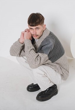 Vintage 80s Grandad Grey Wool Men Roundneck Cardigan M