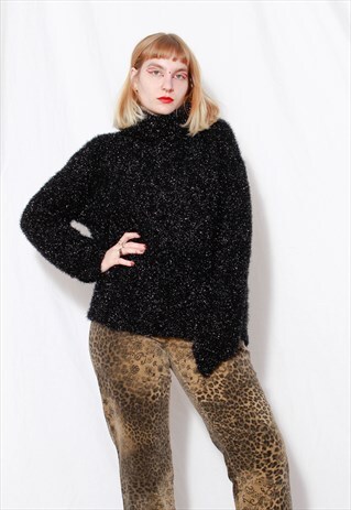 VINTAGE 90S GRUNGE Y2K GOTH BLACK FLUFFY FURRY SPARKLE SWEAT