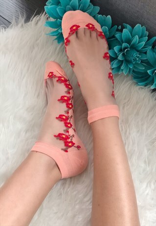 PINK SHEER FLORAL SOCKS