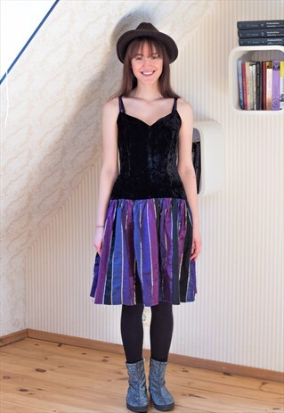 BLACK VELOUR TOP AND PURPLE STRIPE SKIRT DRESS