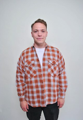 PLAID FLANNEL SHIRT, VINTAGE CHECK PRINT MEN'S BUTTON DOWN