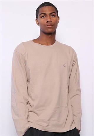 VINTAGE CHAMPION CHEST LOGO LONG SLEEVE T-SHIRT BEIGE