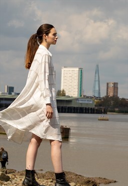 Check print oversized shirt dress with side pockets in white