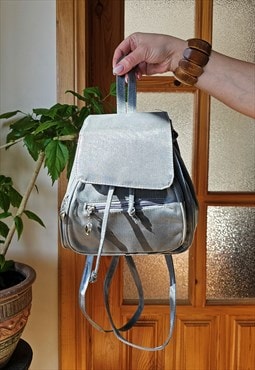 Y2K vintage grey silver shimmer fabric backpack bag