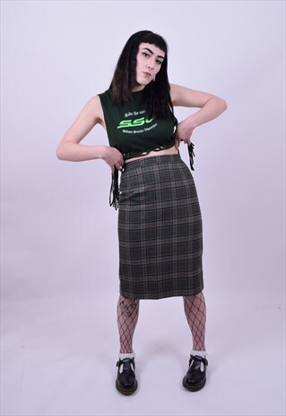 VINTAGE 80'S GREEN PLAID CHECKED PENCIL SKIRT SIZE 10