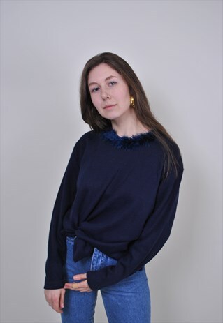 80S DISCO FAKE FUR SWEATSHIRT, VINTAGE WOMEN PARTY JUMPER