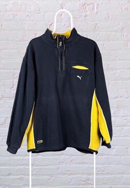 Vintage Puma Sweatshirt 1/4 Zip Black Yellow Large 