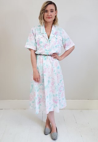 VINTAGE 80'S PASTEL PINK AND GREEN FLORAL MIDI SHIRT DRESS