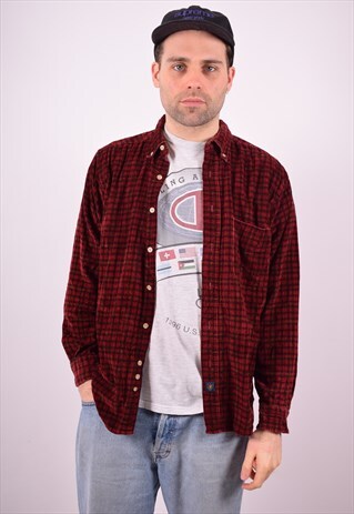 MENS VINTAGE CORDUROY SHIRT MEDIUM MAROON CHECK 90S