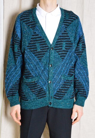 VINTAGE BLUE GREEN KNIT WOOL BLEND DROP SHOULDER CARDIGAN