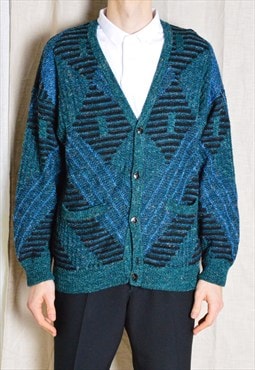 Vintage Blue Green Knit Wool Blend Drop Shoulder Cardigan