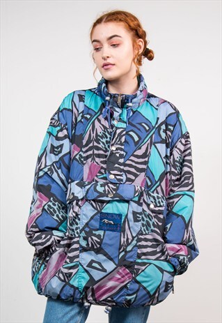 VINTAGE 90'S BLUE CRAZY PATTERN SKI COAT