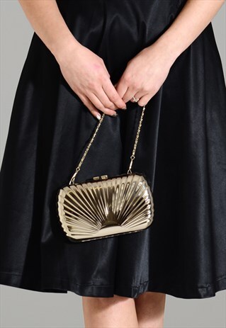VINTAGE 1950S STYLE GOLD METAL SHELL BOX CLUTCH HANDBAG