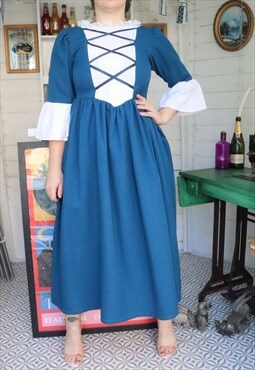 Vintage 70s Blue Monochrome Peasant Maid Prairie Midi Dress