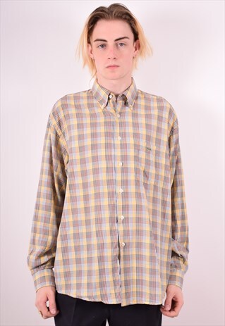 LACOSTE MENS VINTAGE SHIRT LARGE YELLOW CHECK 90S