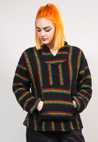90'S RASTA STRIPE GRUNGE HIPPIE FESTIVAL BAJA HOODIE JUMPER