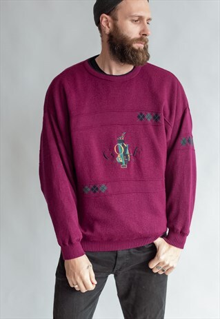 VINTAGE 80S WARM FUNKY GOLF JUMPER IN PURPLE