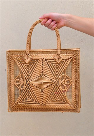 VINTAGE WICKER STRAW ABSTRACT BALINESE BASKET TOTE BAG