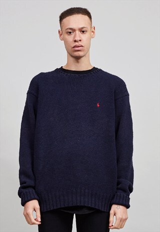 VINTAGE 90'S POLO RALPH LAUREN NAVY CREW NECK KNIT JUMPER