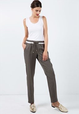 Long Khaki Pants with Cream Panel