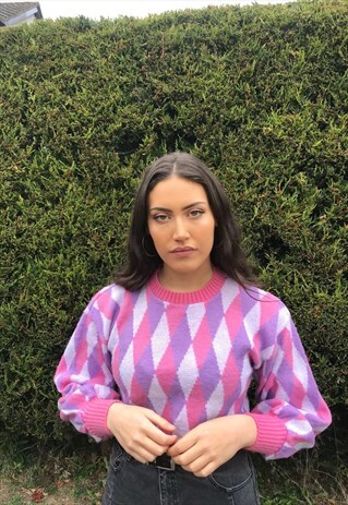 VINTAGE PATTERNED KNITTED GRANNY JUMPER PINK