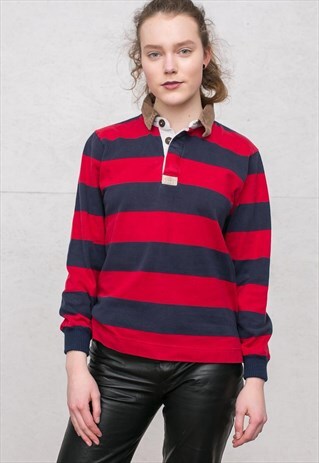 90S VINTAGE RED NAVY GANT LONG SLEEVE STRIPED POLO SHIRT TOP