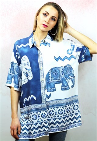 1990S VINTAGE BLUE AND WHITE ELEPHANT PRINT VISCOSE BLOUSE