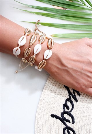 GOLD PUKA SHELL CREAM THREAD BOHO BRACELET
