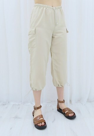 90S VINTAGE CREAM HIGH WAISTED CARGO TROUSERS CULOTTES