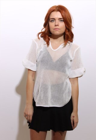VINTAGE 1990'S 90'S WHITE SHEER MESH FISHNET T-SHIRT TOP S-M