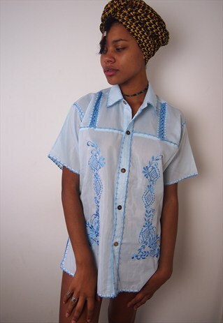 BABY BLUE SHIRT WITH CROCHET AND EMBROIDERY DETAIL